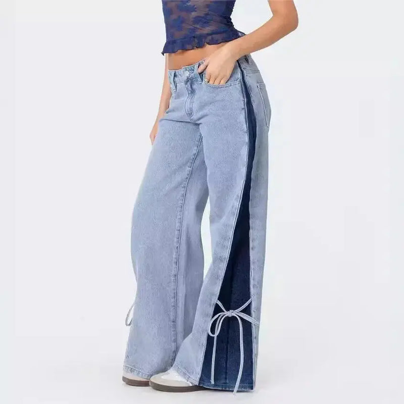 Loran Patchwork Lace-Up Wide-Leg Jeans in Light Blue