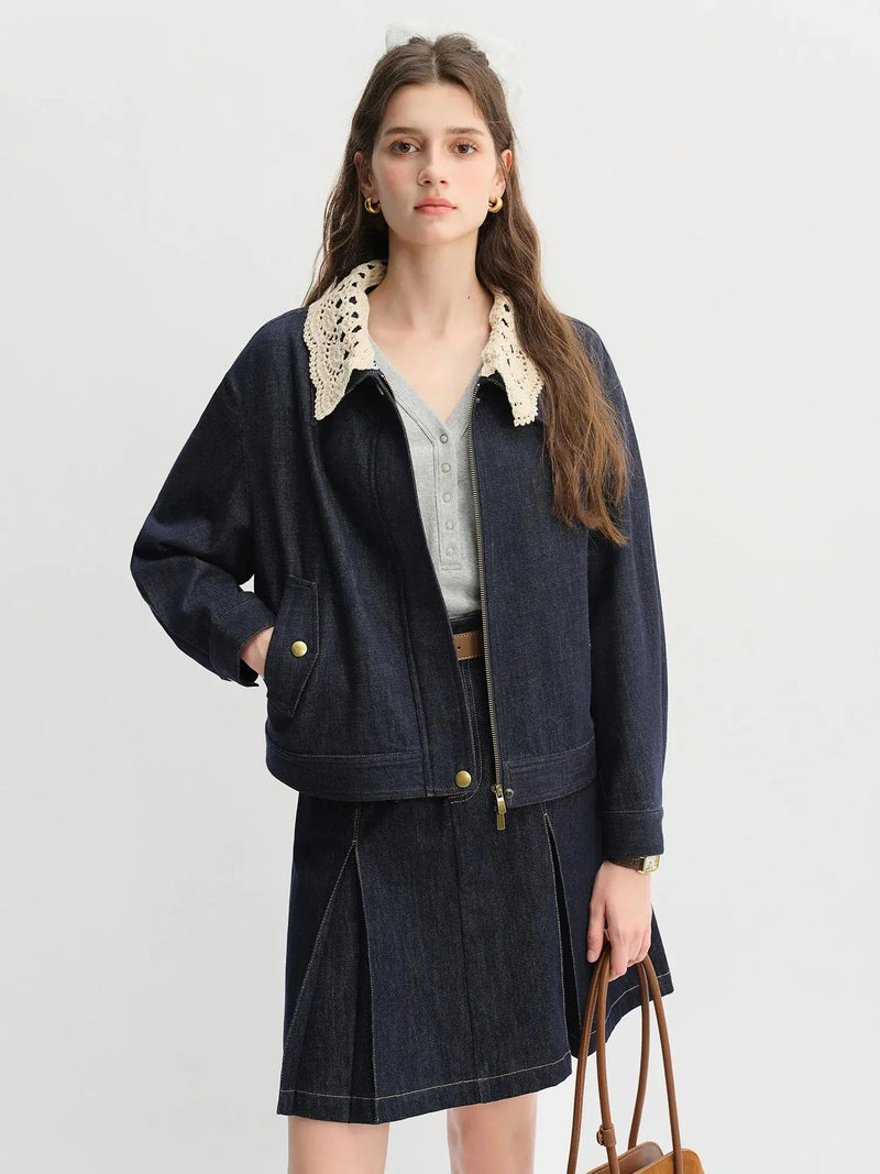 Loran Handmade Crochet-Collar Denim Jacket