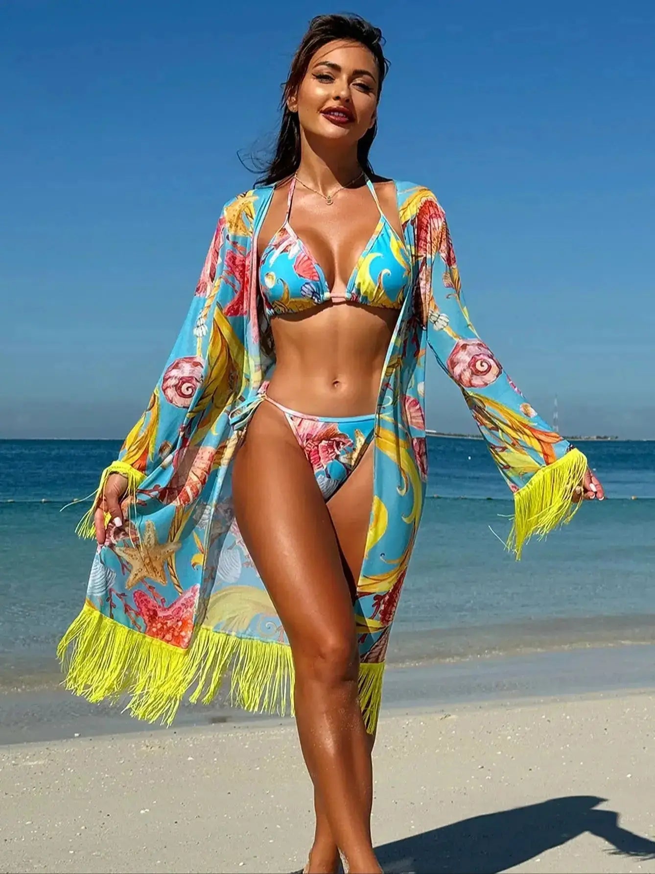 Women's Swimsuit Set - Tassel Drape Premium Feel - 3-Piece Beach Cover-Up