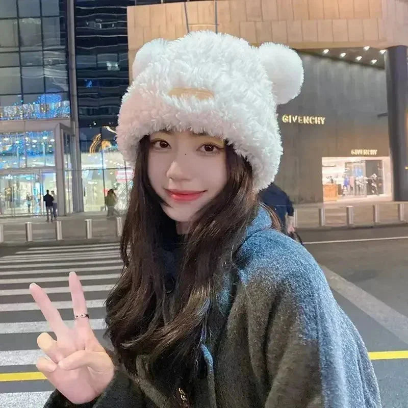 Letter Bear Ears Knitted Woolen Hat – Cute Cat-Ears Beanie for Women