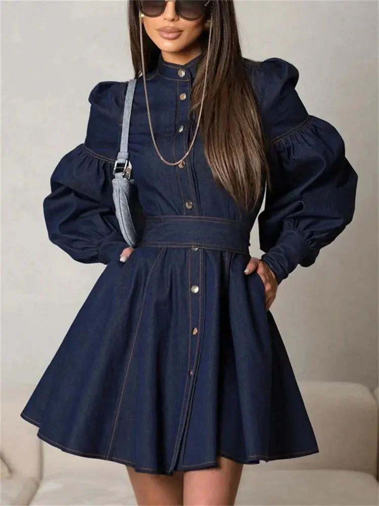 Loran Lace-Up Patchwork Denim Mini Dress in Blue