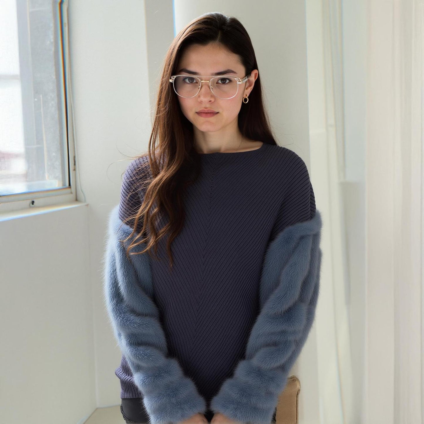 Pleione Faux Fur Sleeve Boat Neck Sweater in Slate Blue