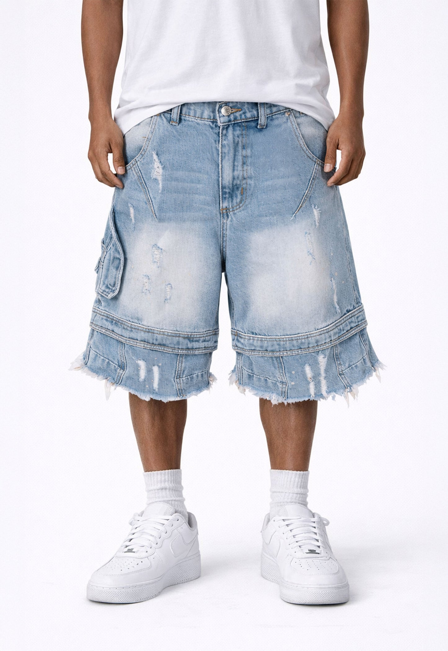 AZUL DISTRESSED CARGO SHORTS