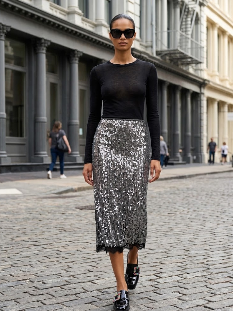 SOHO Women's Sequin & Lace Midi Skirt Prêt-à-Porter BYMANYC ® NY