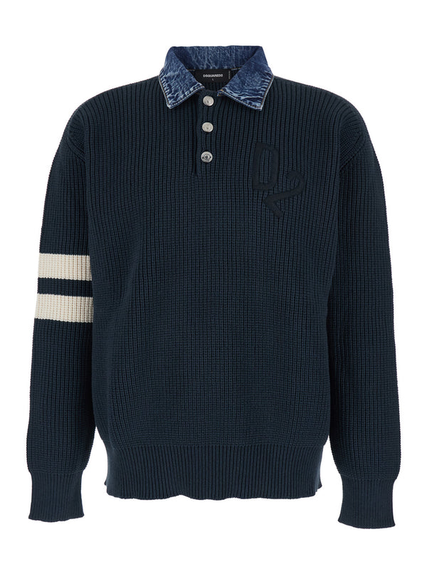 Sweater With Denim Collar, Blue
