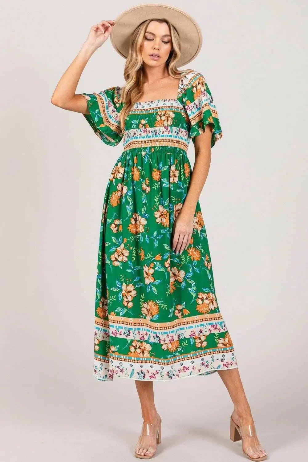Midi Dress - Sage Fig Floral Print Smocked Sleeves - Elegant