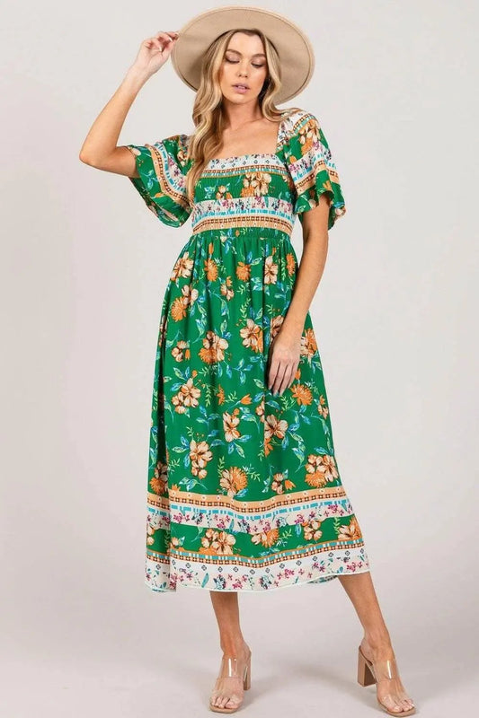 Midi Dress - Sage Fig Floral Print Smocked Sleeves - Elegant