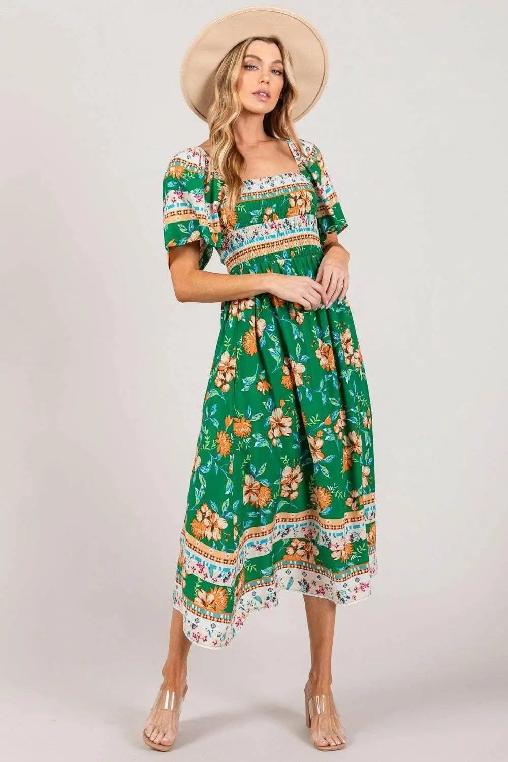 Midi Dress - Sage Fig Floral Print Smocked Sleeves - Elegant