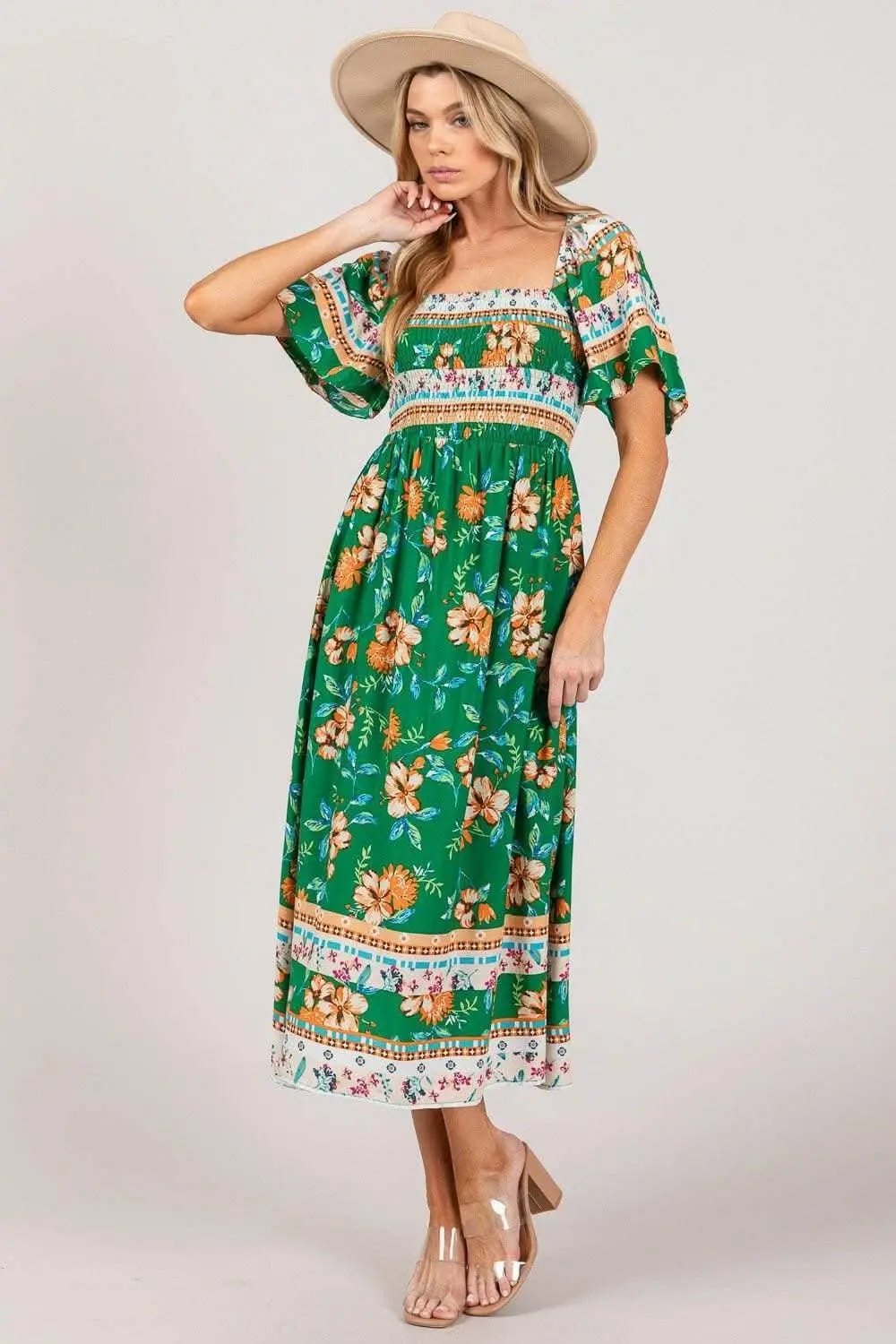 Midi Dress - Sage Fig Floral Print Smocked Sleeves - Elegant