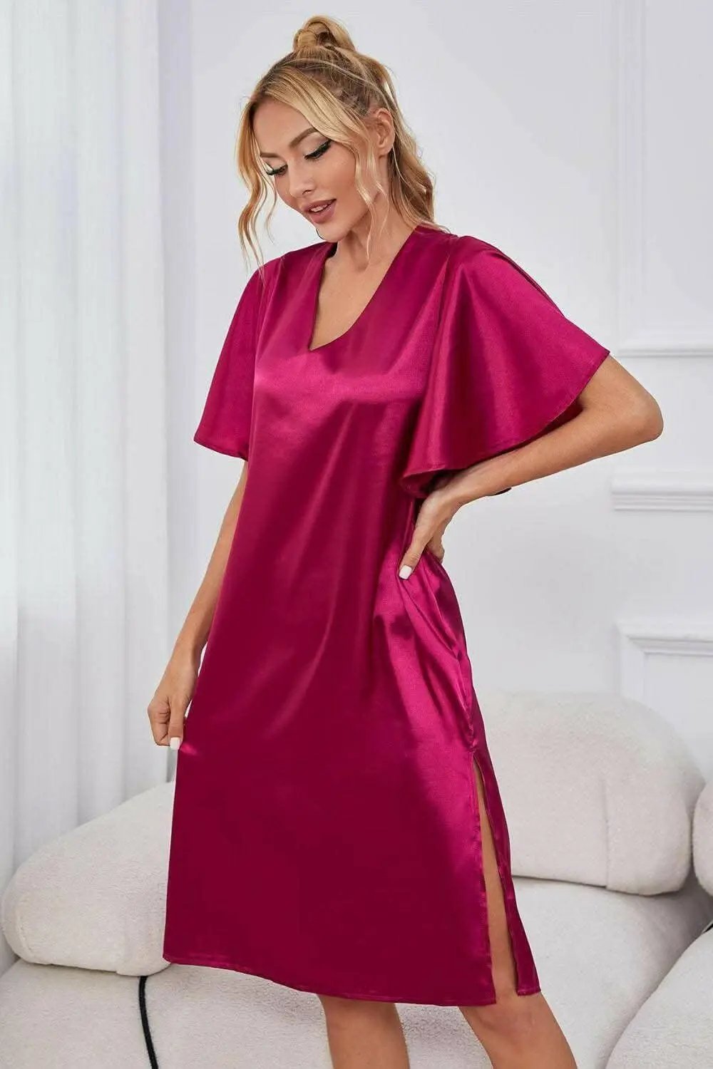 Satin Nightgown - V-Neck Flutter Sleeve - Elegant Sleepwear