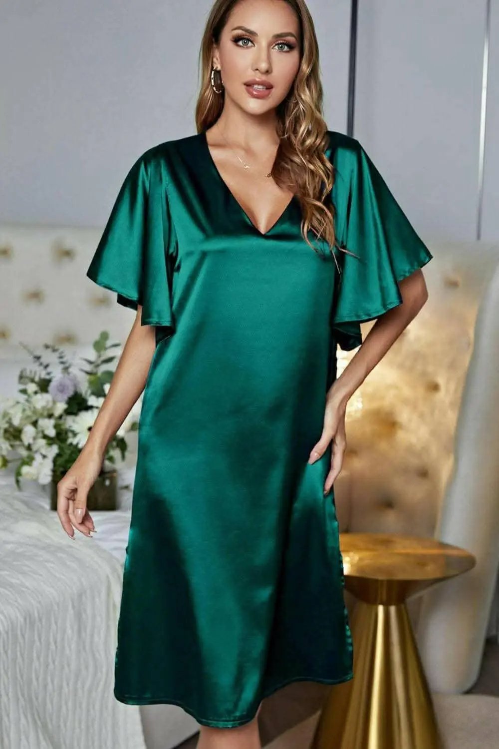 Satin Nightgown - V-Neck Flutter Sleeve - Elegant Sleepwear
