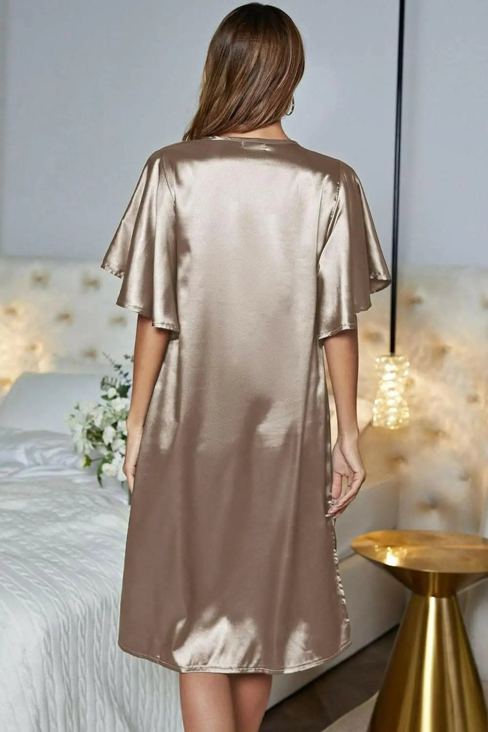 Satin Nightgown - V-Neck Flutter Sleeve - Elegant Sleepwear