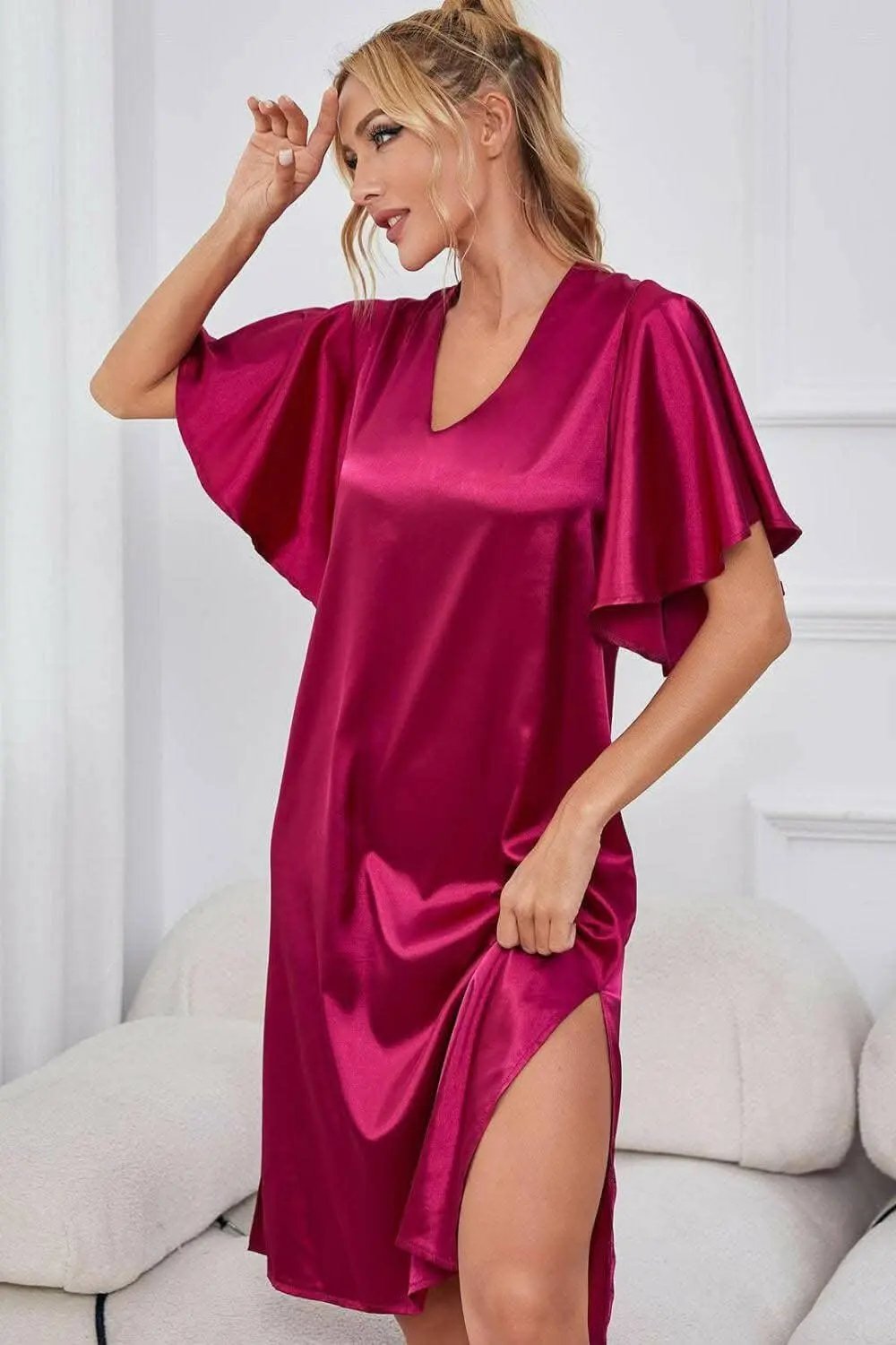 Satin Nightgown - V-Neck Flutter Sleeve - Elegant Sleepwear