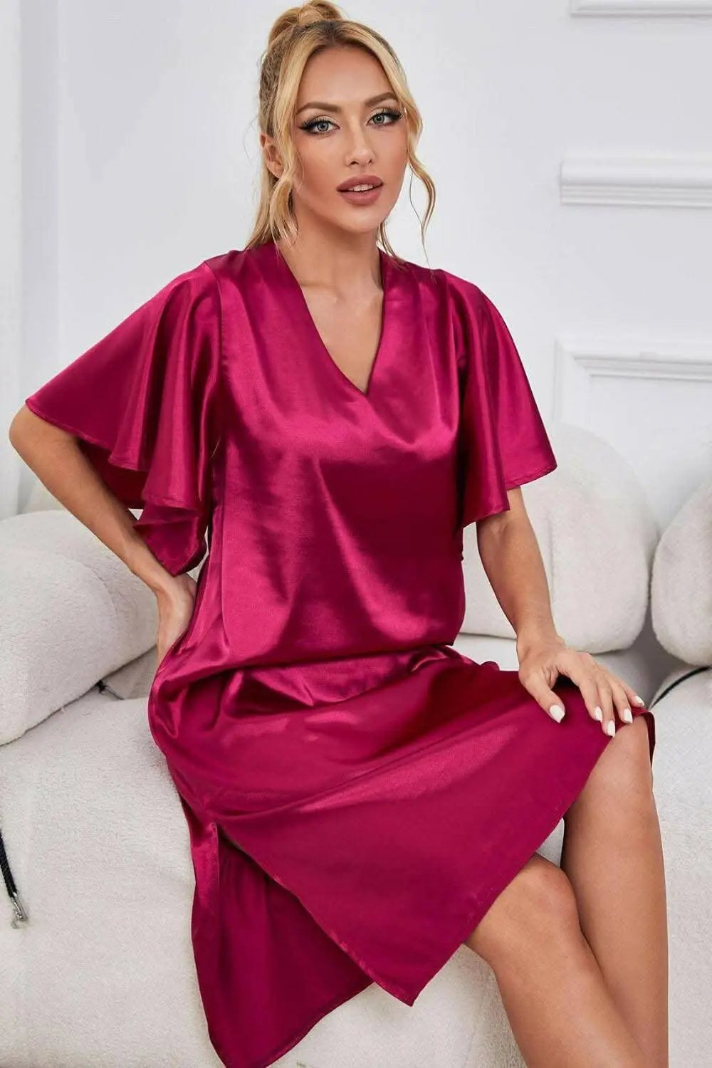 Satin Nightgown - V-Neck Flutter Sleeve - Elegant Sleepwear