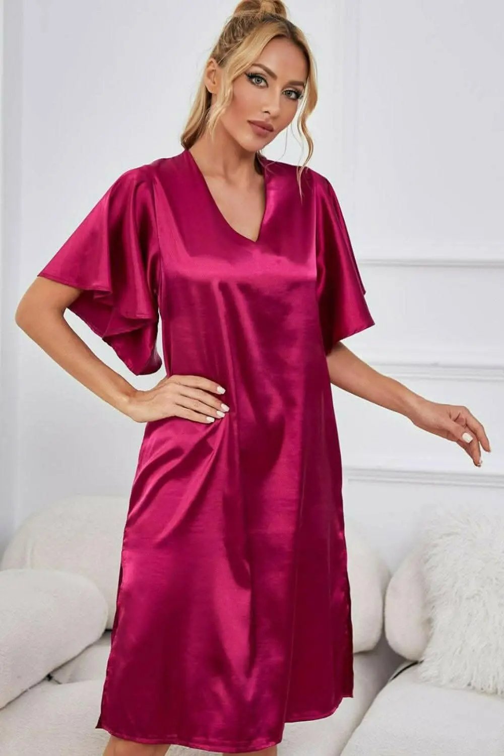 Satin Nightgown - V-Neck Flutter Sleeve - Elegant Sleepwear