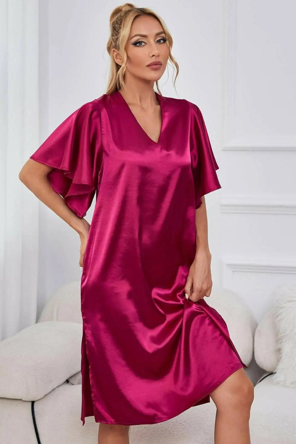 Satin Nightgown - V-Neck Flutter Sleeve - Elegant Sleepwear