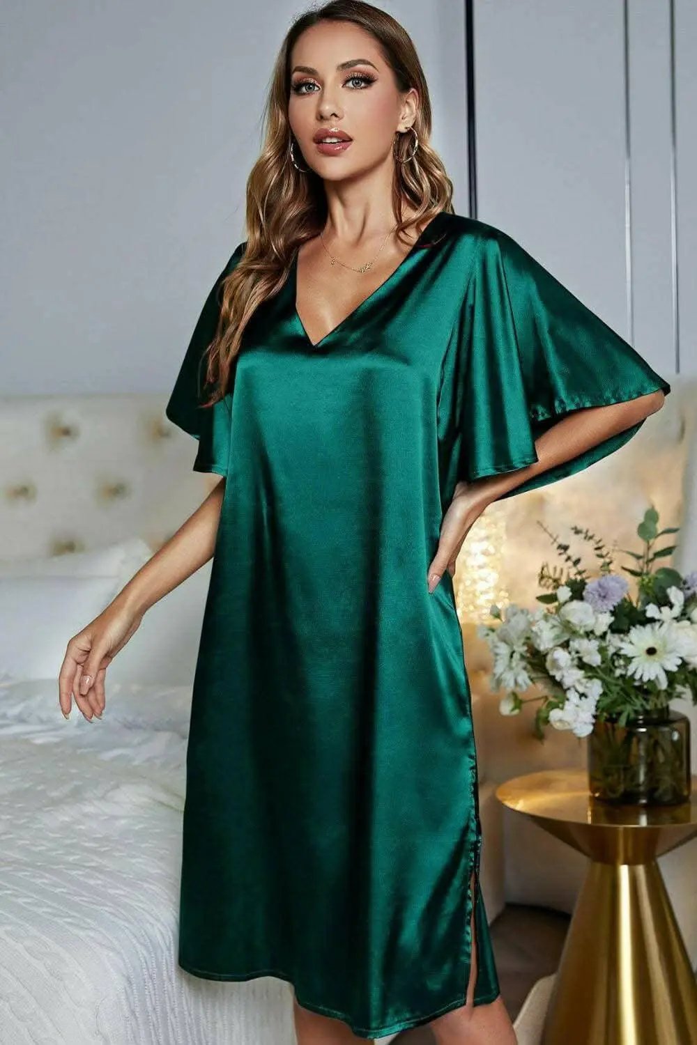 Satin Nightgown - V-Neck Flutter Sleeve - Elegant Sleepwear