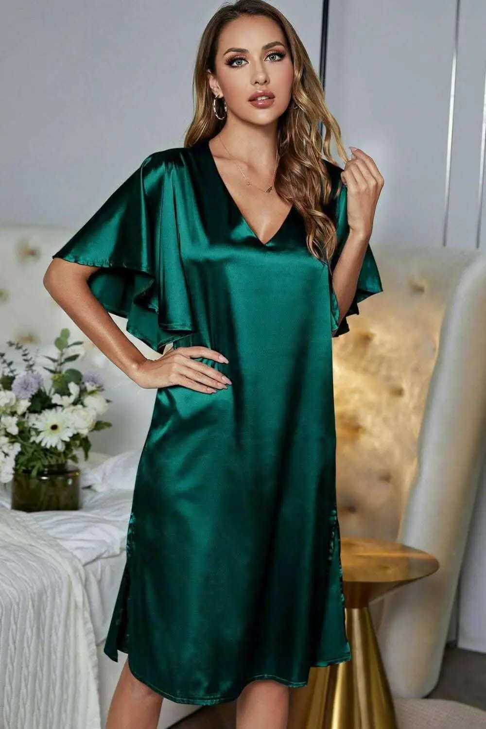 Satin Nightgown - V-Neck Flutter Sleeve - Elegant Sleepwear