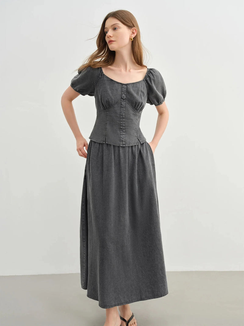 Loran Denim Top and High-Waist A-Line Skirt Set