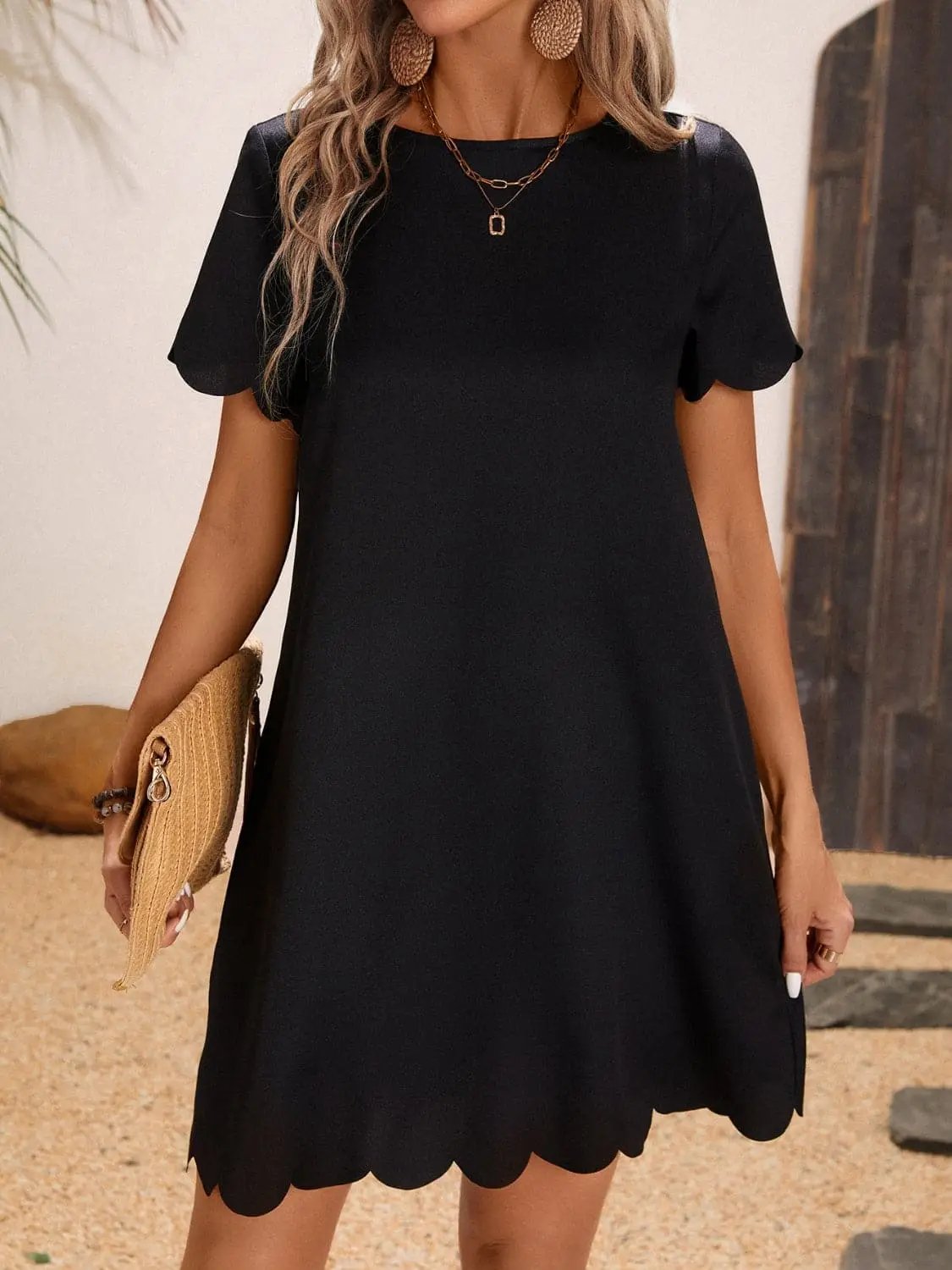 Trendsi Scalloped hem short sleeve dress