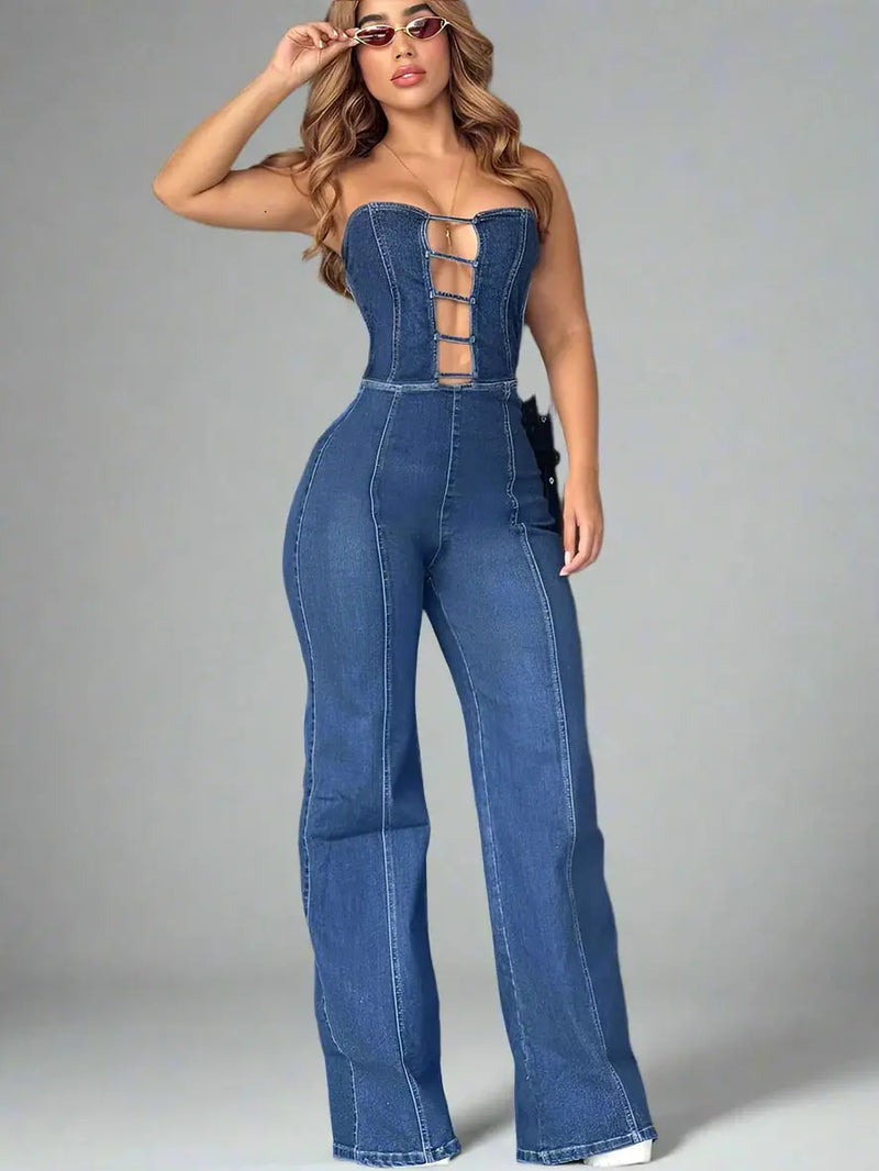 Loran Off-Shoulder Wide-Leg Denim Jumpsuit in Blue