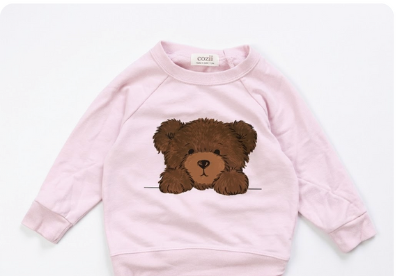 COZII - Long Sleeve Contrast Crew Teddy Bear, Baby Pink
