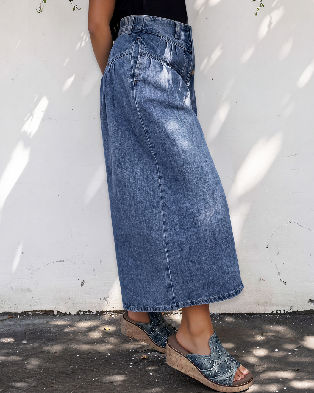 Dallas High Rise Buttons Pleated Cropped Wide Leg Denim Pants