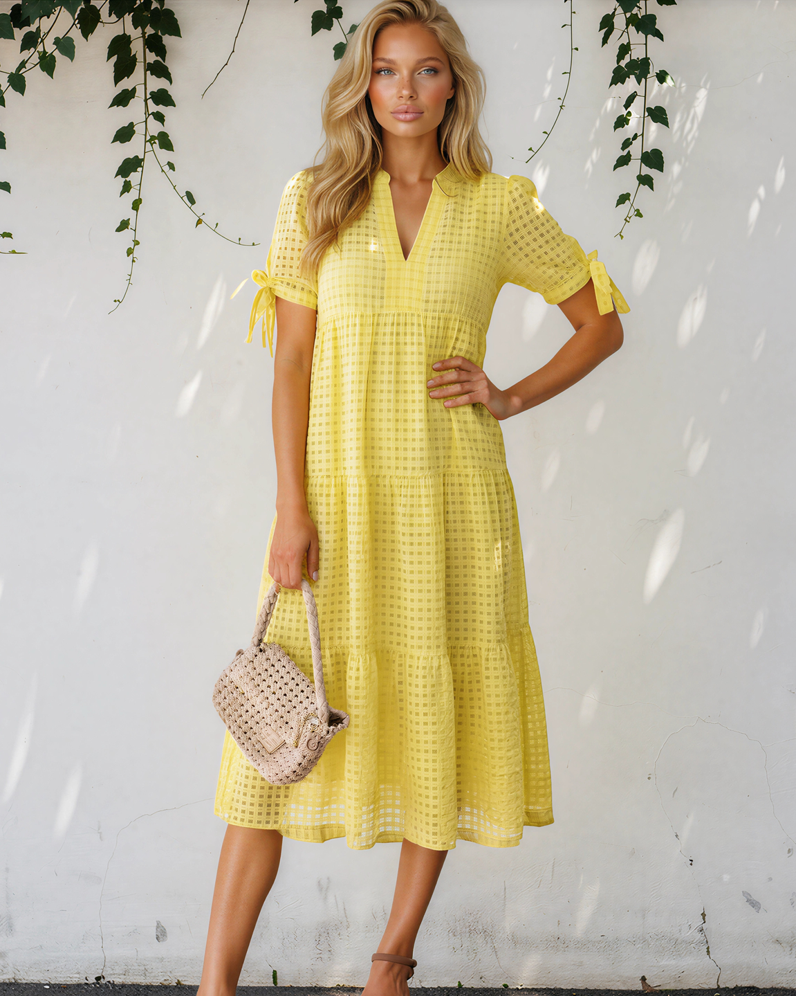 Faye Gingham Textured Bow Tie Short Sleeve Tiered Midi Dress