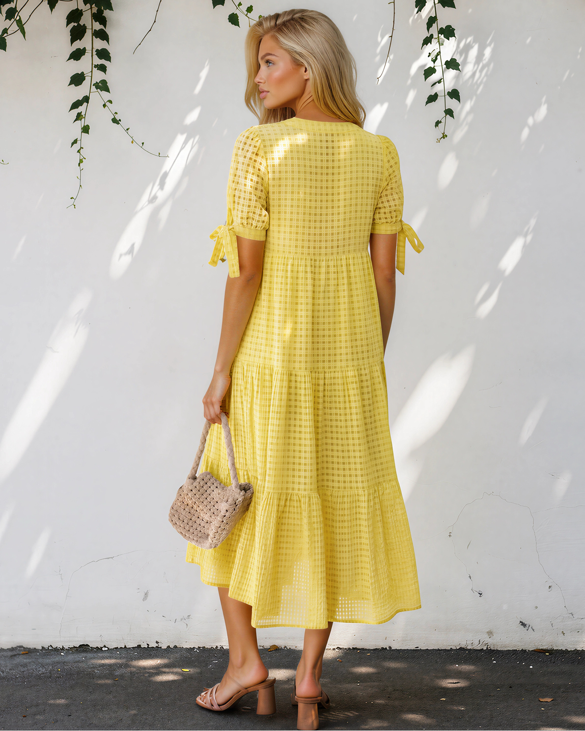 Faye Gingham Textured Bow Tie Short Sleeve Tiered Midi Dress