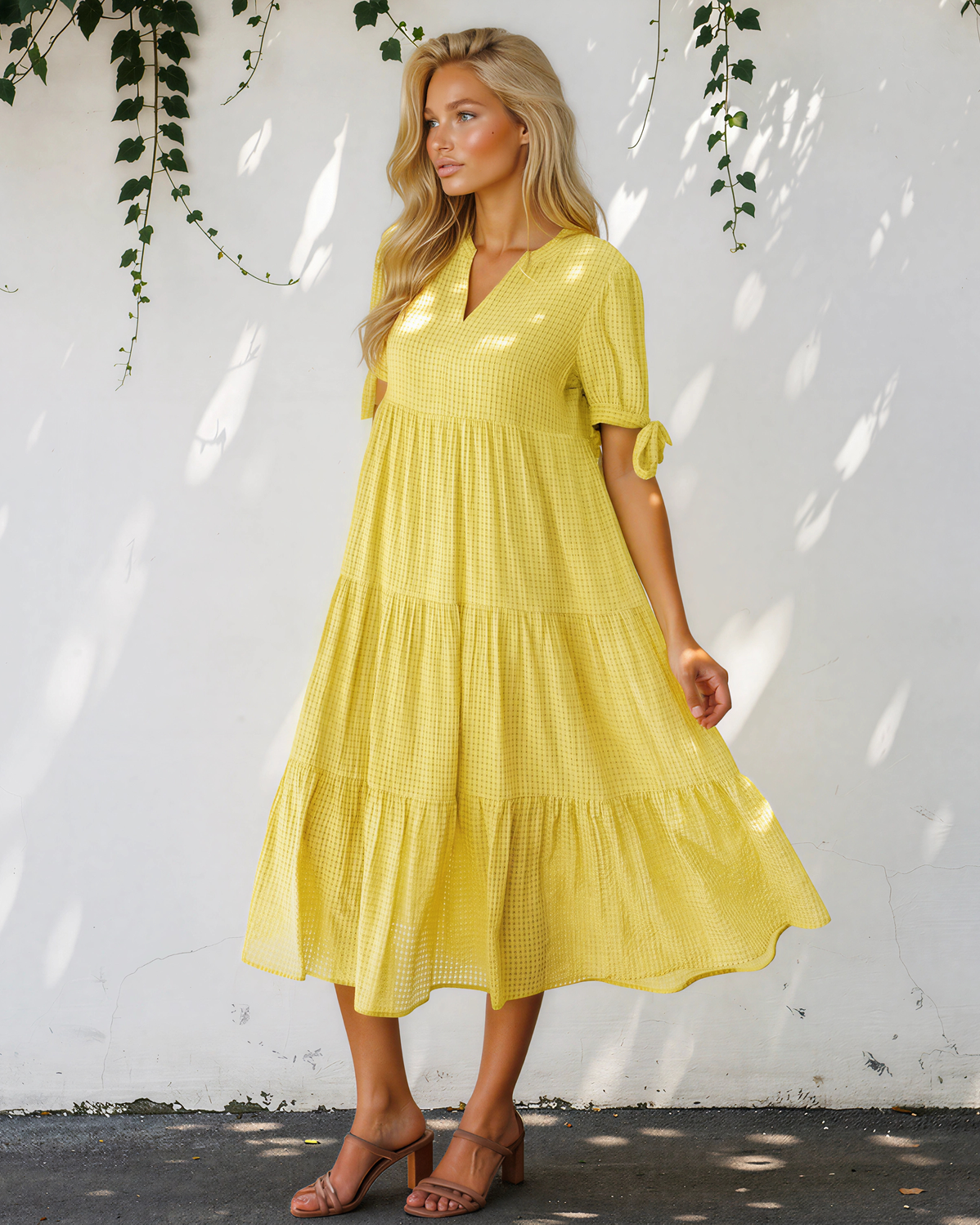 Faye Gingham Textured Bow Tie Short Sleeve Tiered Midi Dress