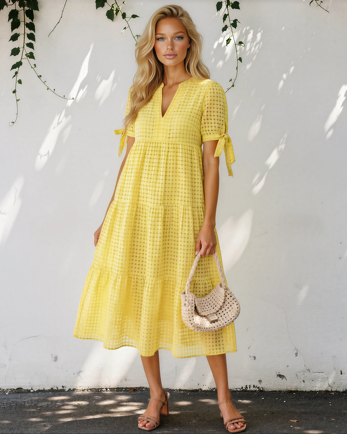 Faye Gingham Textured Bow Tie Short Sleeve Tiered Midi Dress