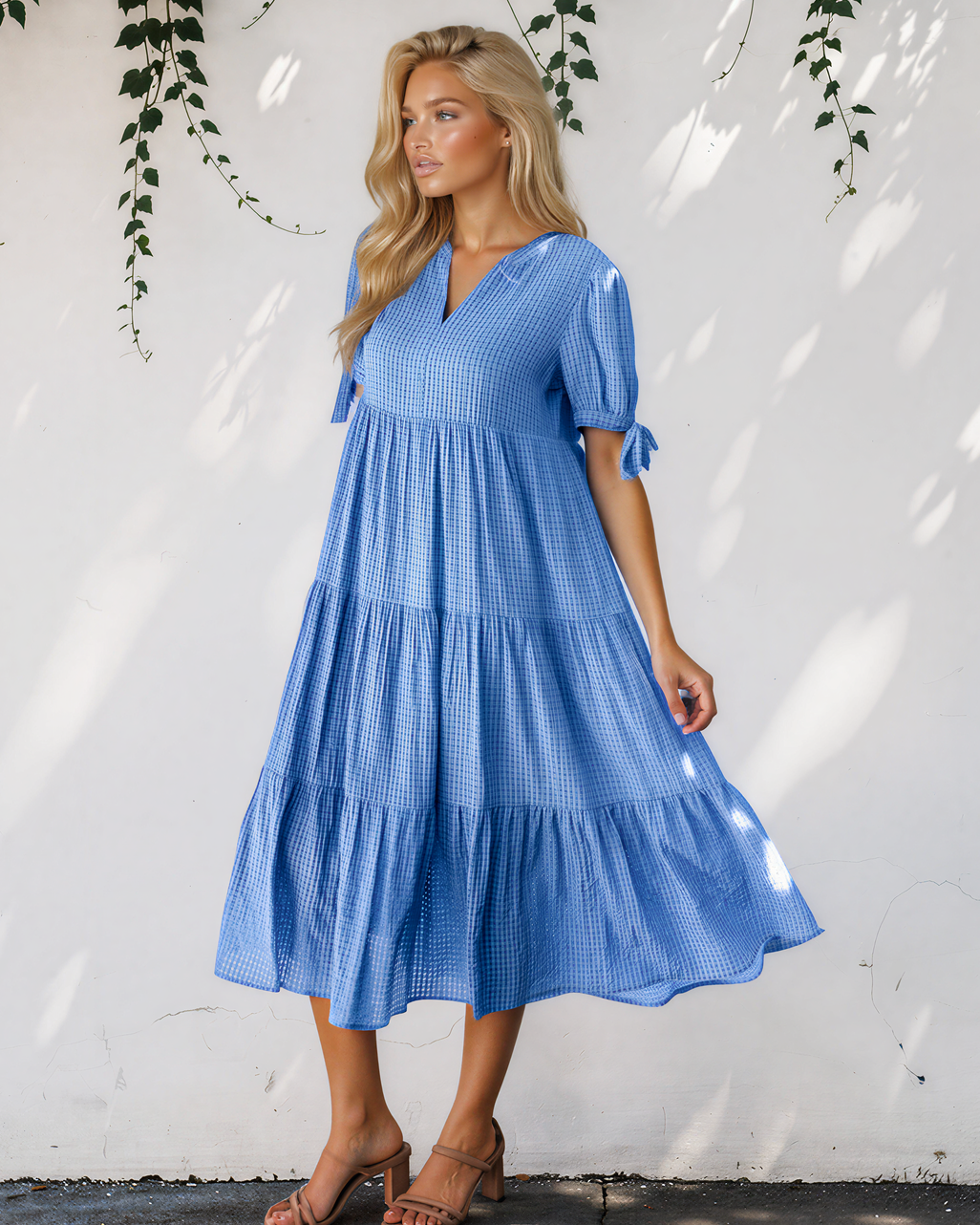 Faye Gingham Textured Bow Tie Short Sleeve Tiered Midi Dress