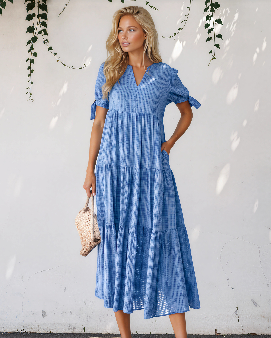 Faye Gingham Textured Bow Tie Short Sleeve Tiered Midi Dress