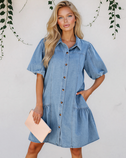 Rowen Puff Sleeve Ruffle Hem Patchwork Denim Dress