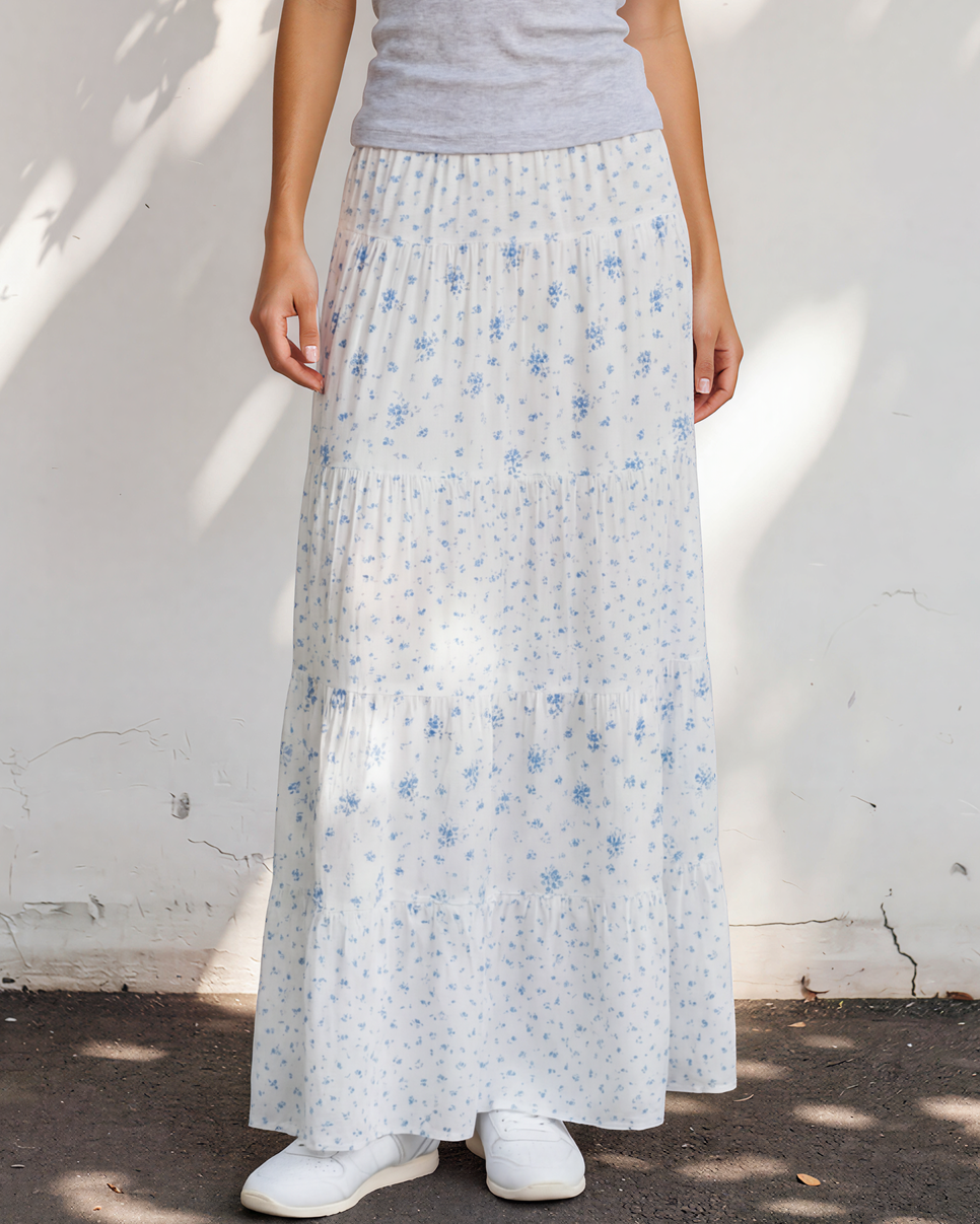 Hadley High Waist Tiny Floral Print Boho Maxi Skirt