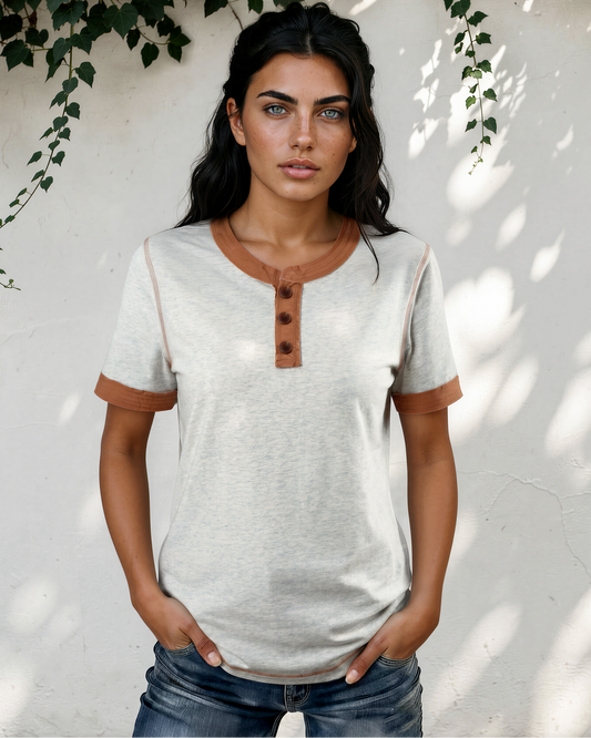 Teagan Raw Seam Color Block Detail Buttoned Henley Tee