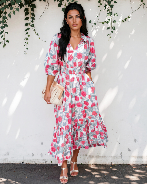 Red Elegant Floral Puff Sleeve Midi Dress