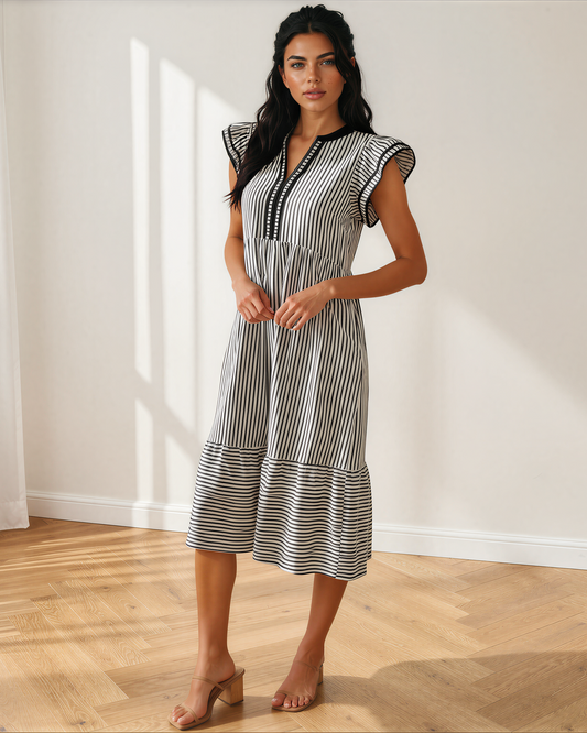 Nyla Contrast Trim V Neck Midi Dress