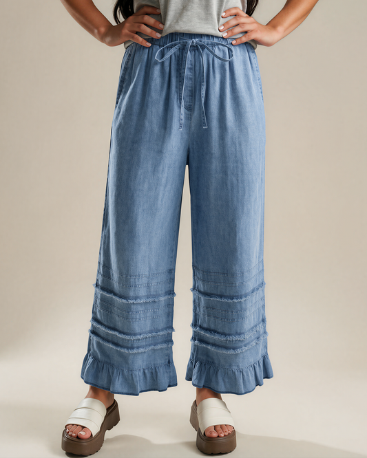Frankie Ruffled Hem Wide Leg Chambray Pants
