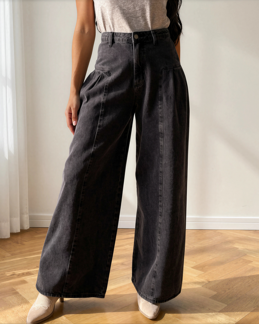 Billie Pleated Wide Leg Mineral Wash Denim Pants