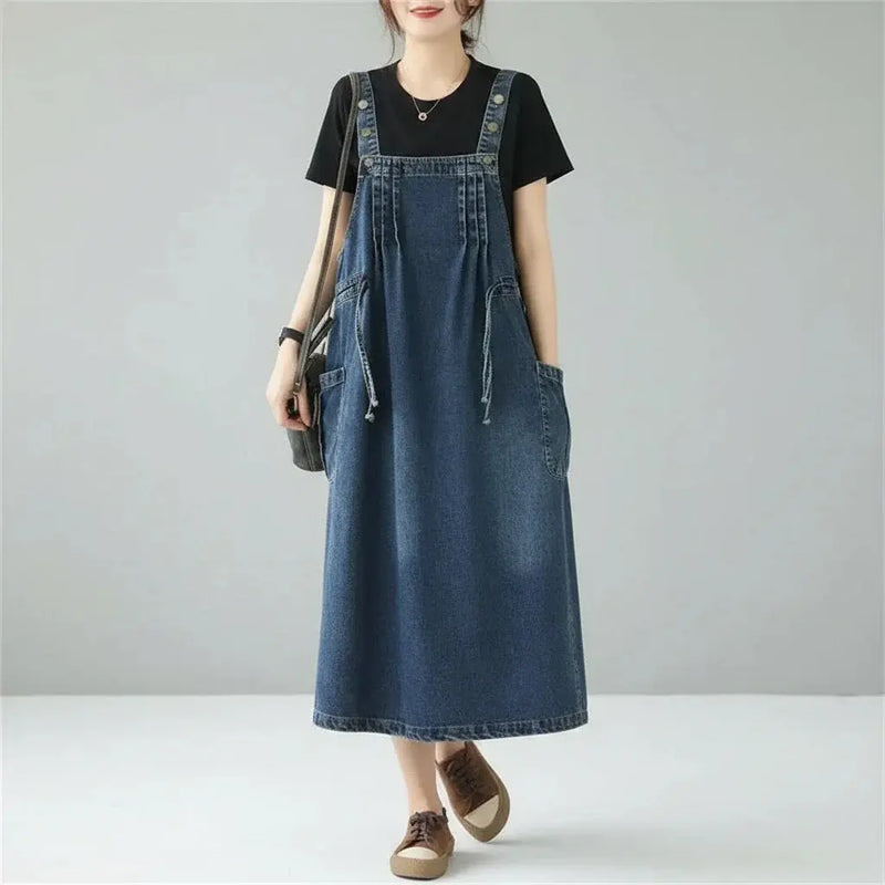 Loran Spaghetti-Strap A-Line Denim Dress in Blue