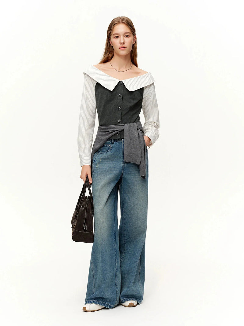 Loran Off-Shoulder Crop Top and Patchwork Jeans Set in Grey