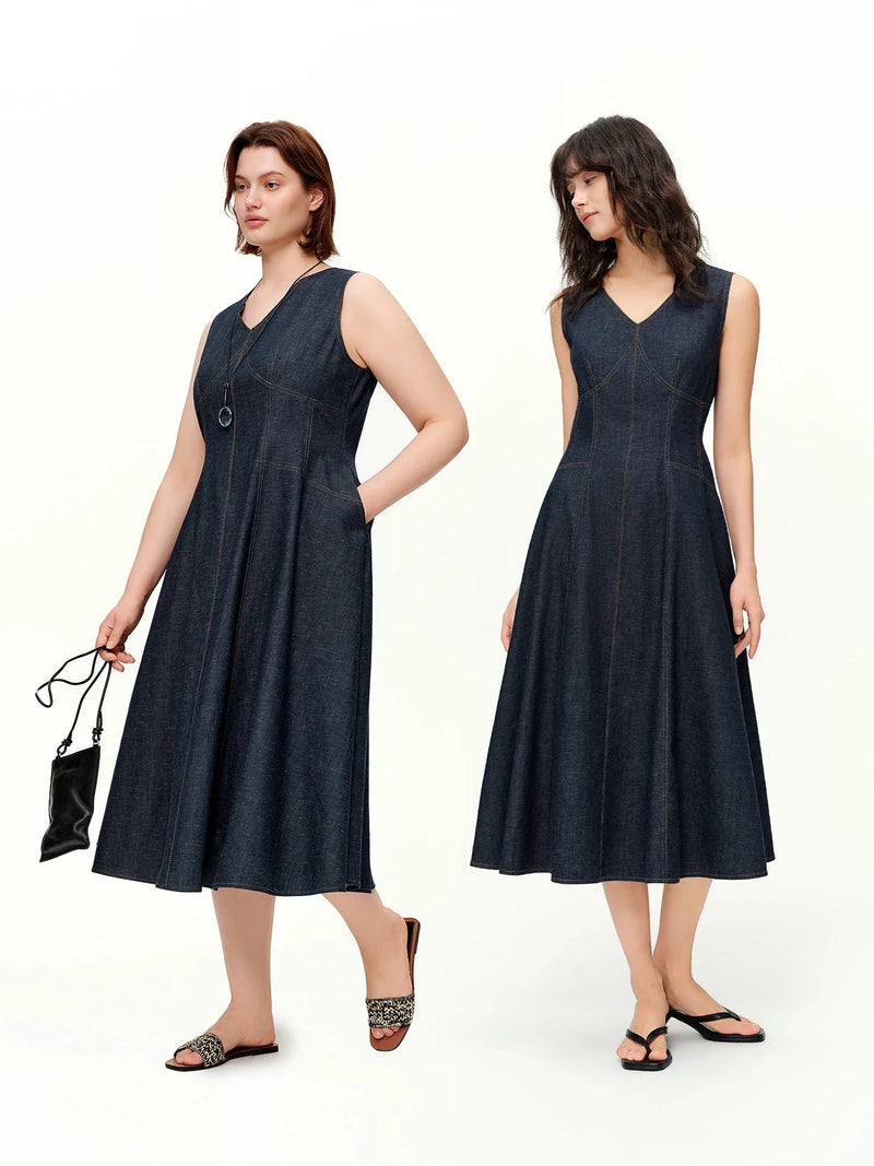 Loran Sleeveless A-Line Denim Midi Dress in Blue