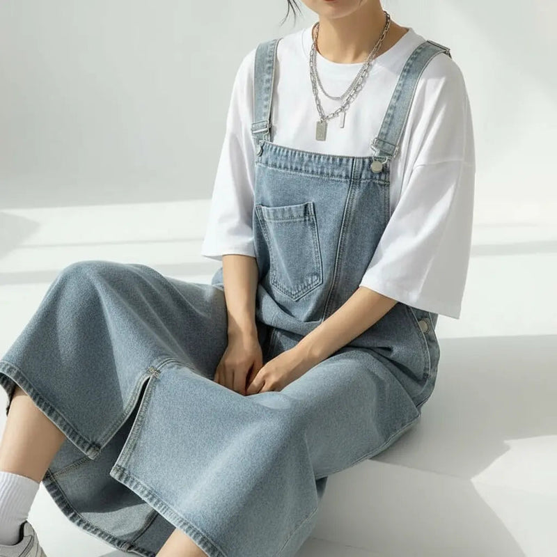 Loran Sleeveless Denim Overall Dress in Light Blue