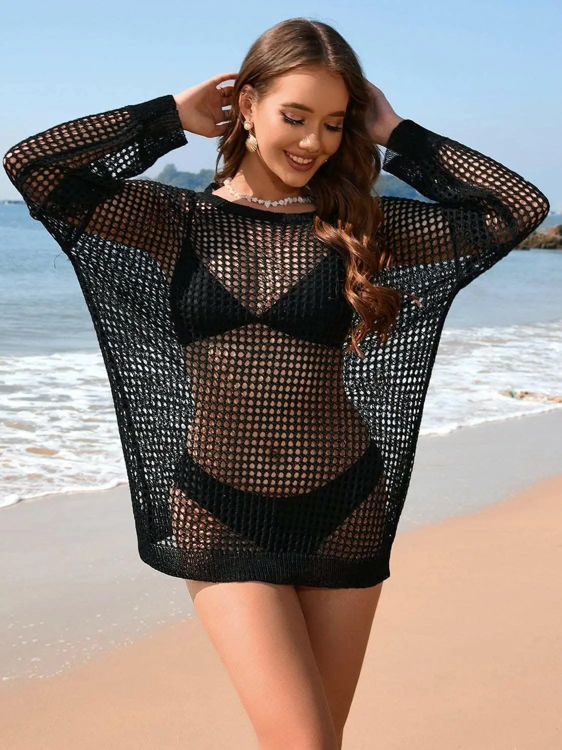 Trendsi swimwear - Sheer beach cover-up with boat neck