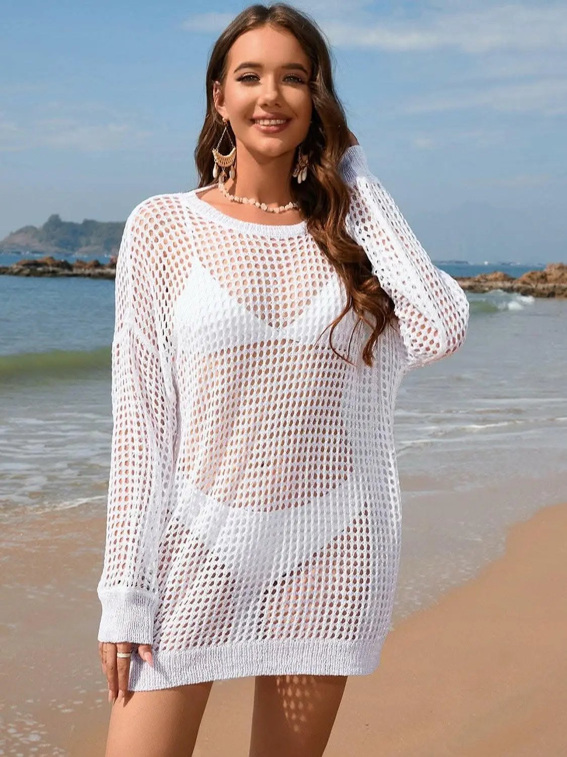 Trendsi swimwear - Sheer beach cover-up with boat neck