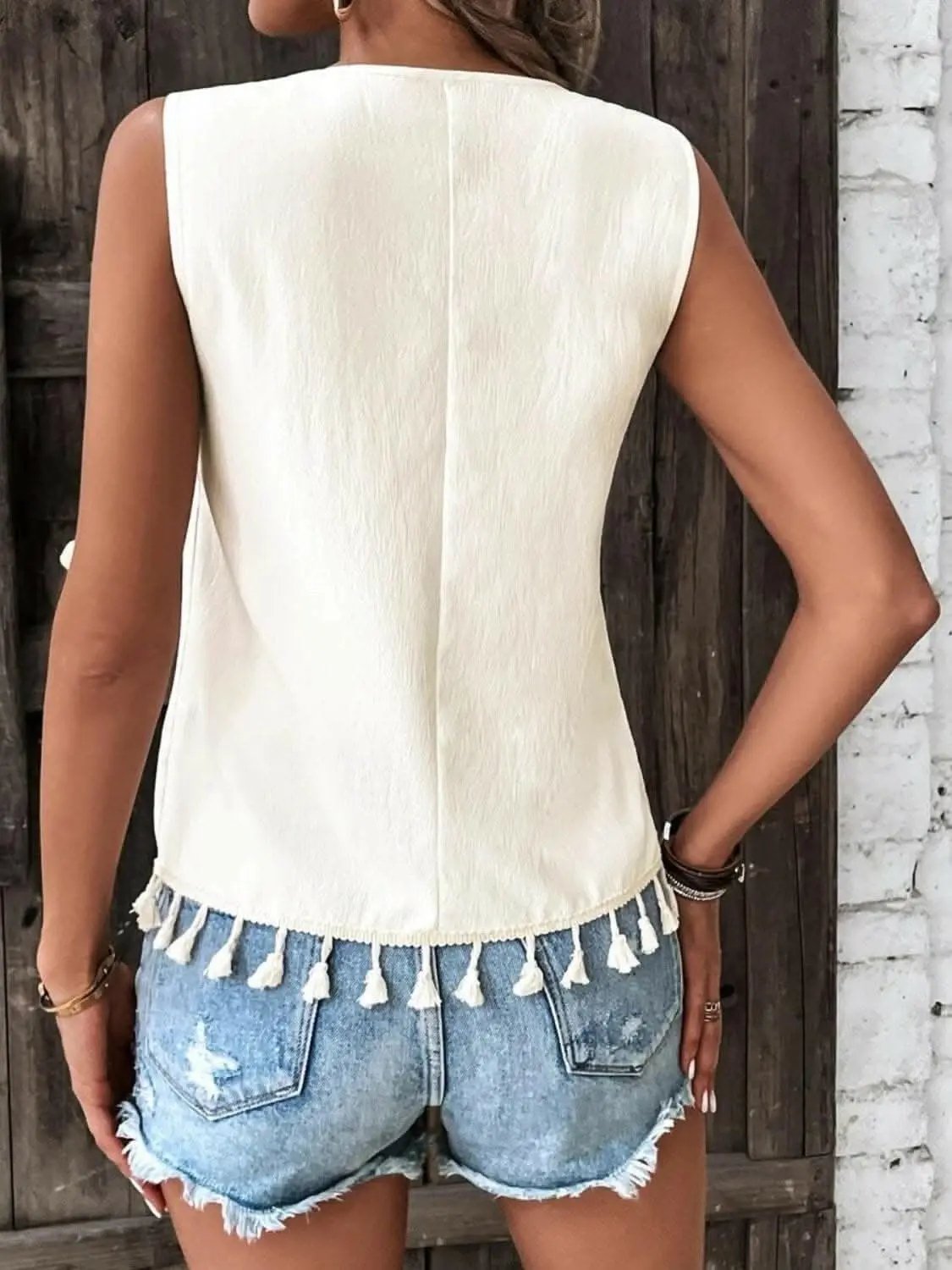 Trendsi just arrived - Sheer tassel v-neck tank top