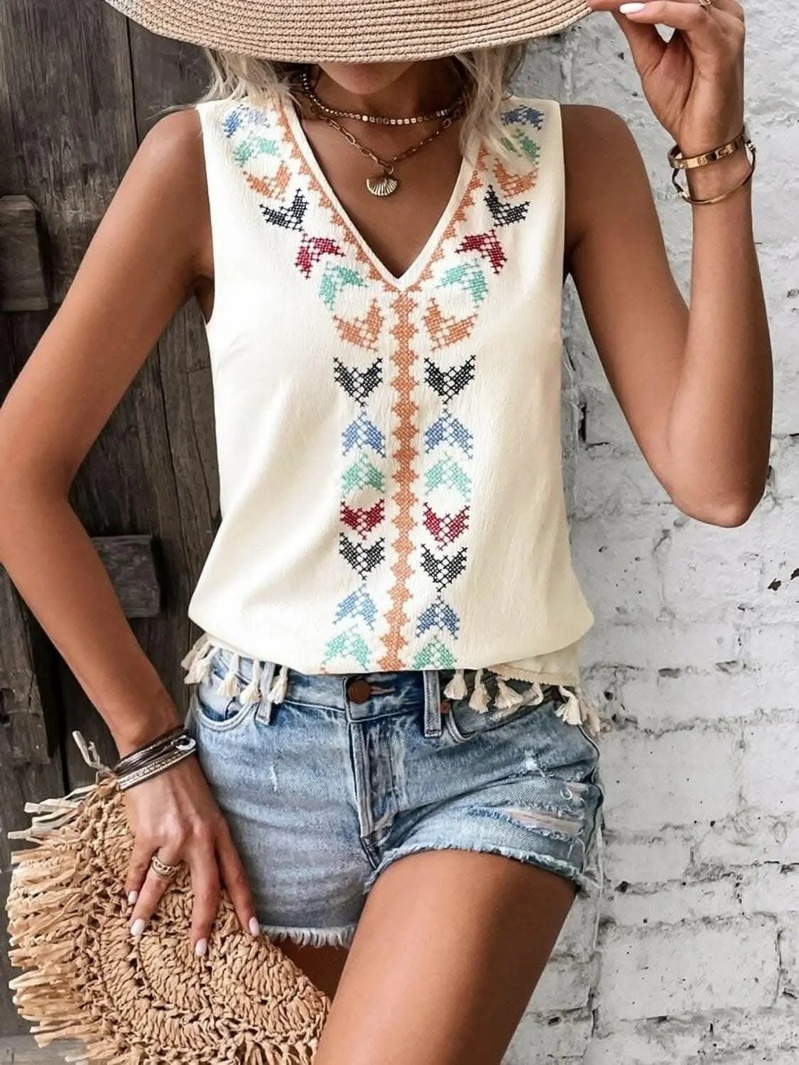 Trendsi just arrived - Sheer tassel v-neck tank top
