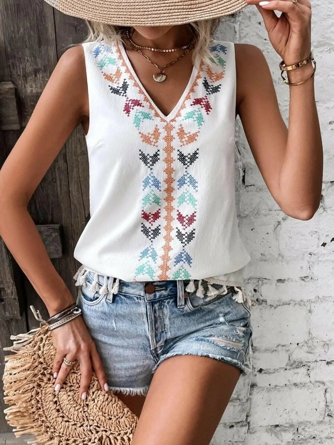Trendsi just arrived - Sheer tassel v-neck tank top