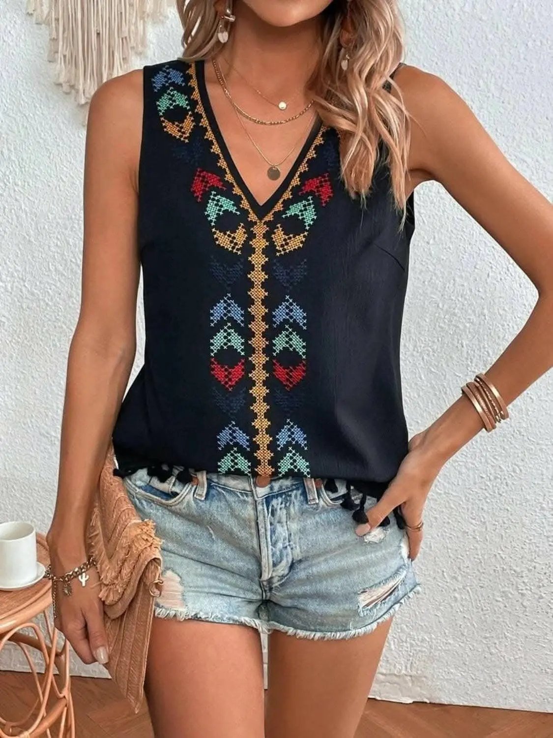 Trendsi just arrived - Sheer tassel v-neck tank top